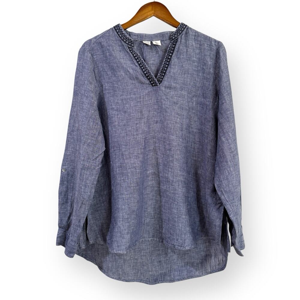 Artisan NY 100% Linen Tunic L Blue Chambray Embroidered Coastal Resortwear Boho